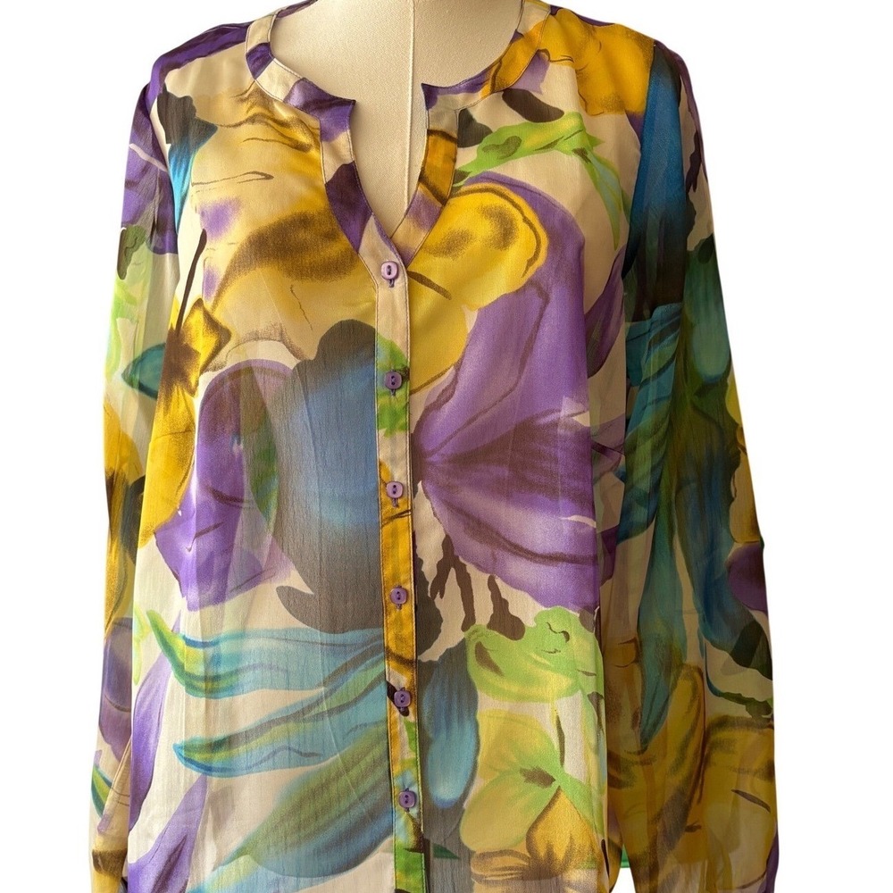 Susan Graver Style Womens Medium Floral Button Front Sheer Blouse Purple Yellow